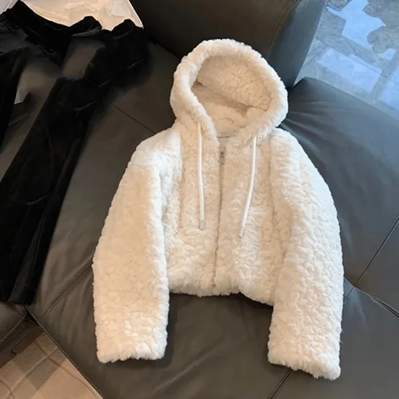 Faux Fur Lamb Hooded Jacket Women Winter Thick Warm Hairy Crop Coat Y2K Loose Streetwear Long Sleeve Zipper Fur Outerwear