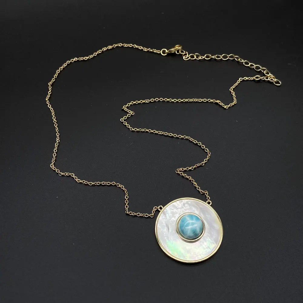 Trendy Natural Larimar Pendant 14K Yellow Gold White Shell Gemstone 8mm Necklace for Women Girl Party Fine Jewelry Gift view 3