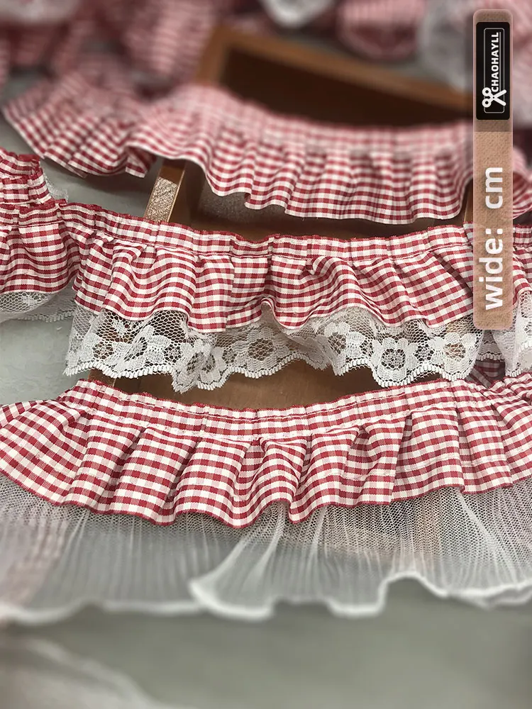 1 Yard 4/6.5/7CM Wide Red White Plaid Ruffle Tulle Embroidered Lace Fabric for DIY Fringed Trim Party Dress Sewing Accessories