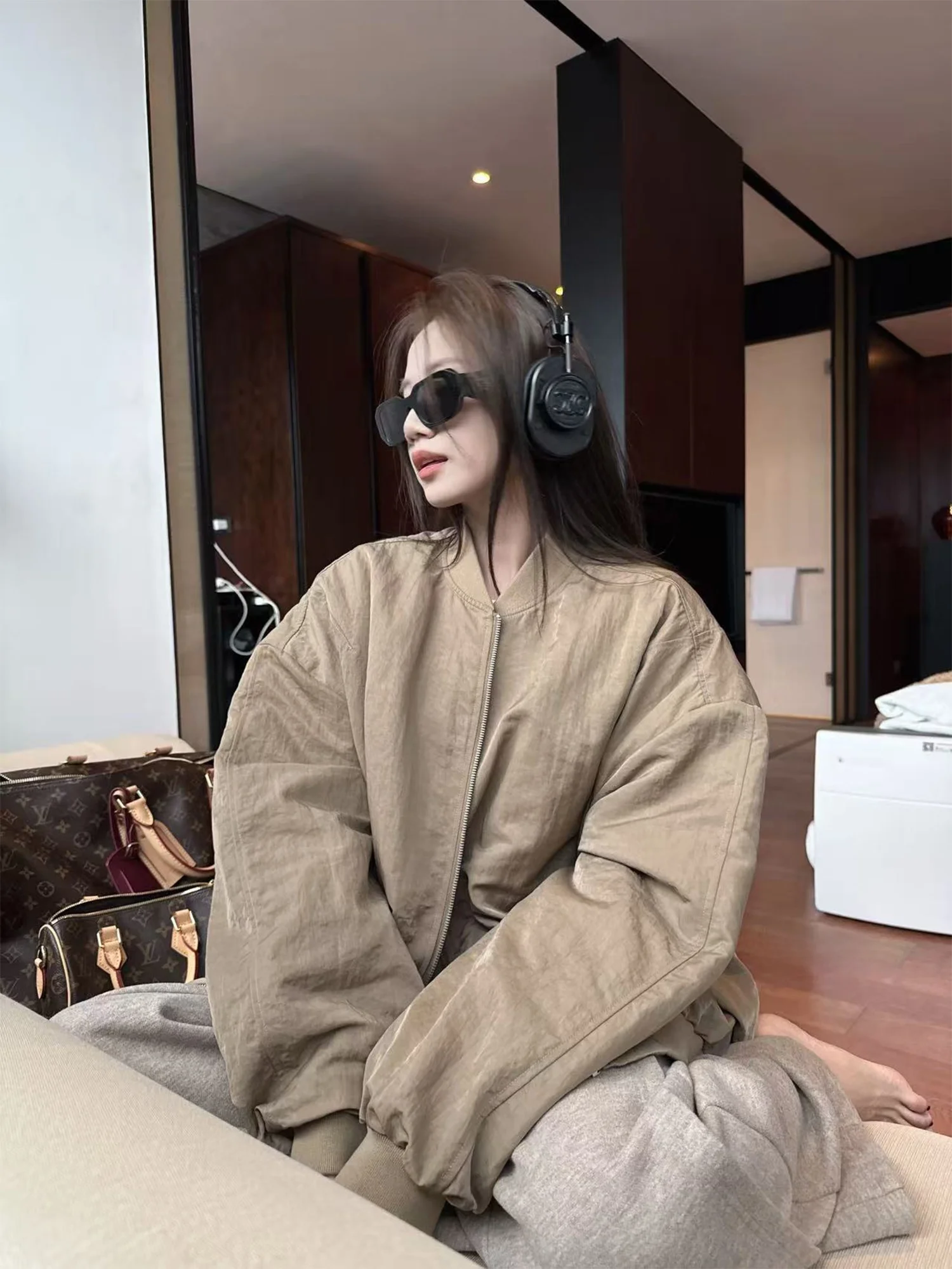 

Superniniyy Cool mat Baseball Jaet Loose Cotton Outerwear Women's Autumn Winter Thiened Long Sve Zipper Pure Color