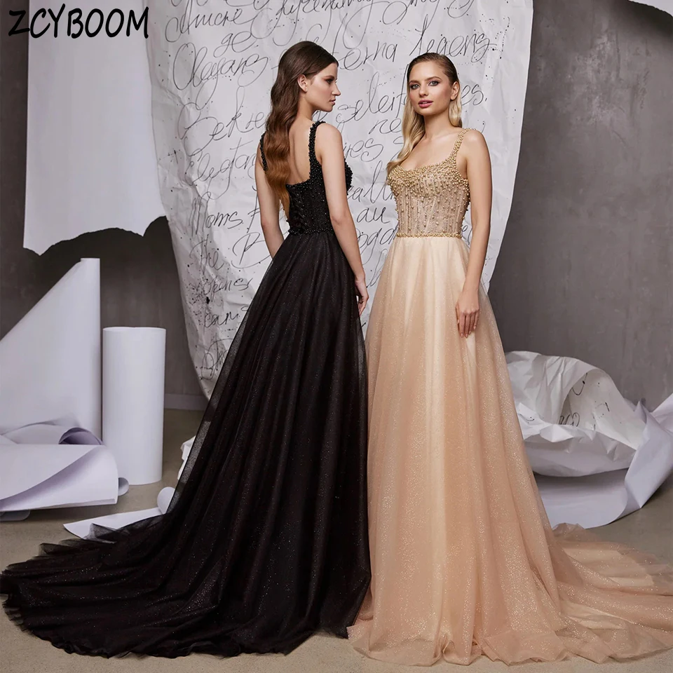 Charmoso vestido de noite sem mangas com alça espaguete, pérolas brilhantes, costas abertas, linha a, comprimento até o chão, trem de varredura, zíper, vestido de baile