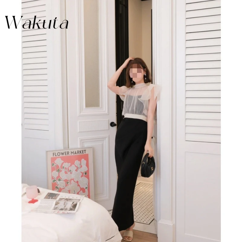 WAKUTA 2024 Japanese Spring/Summer Paper Man Style Slim Fit Beauty Short Sleeved Solid Dress Set Летнее Платье Больших Размеров