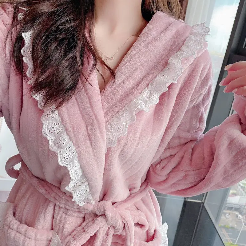 Lace Robe for Women Belt Sleepwear Nightdress Winter Night Wears Pajama Solid Nightgown Long Sleeve Warm Fleece Homewear