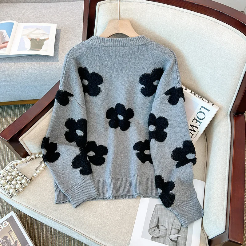 Korean Autumn Winter O-neck Woolen Women Sweater Flower Warmth Fashion Versatile Long Sleeve Knitted Pullovers Knitted Women Top