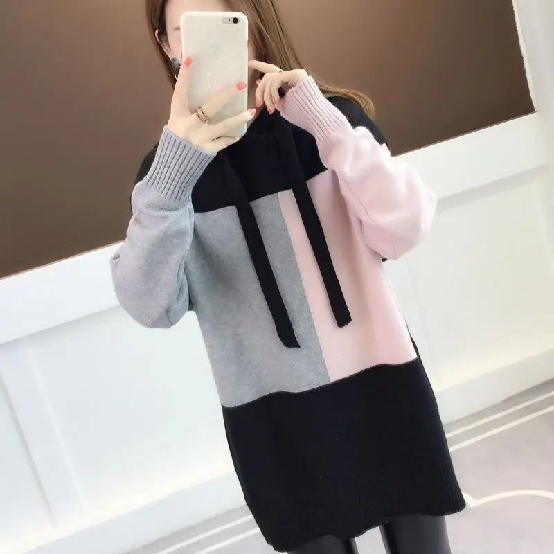 Suéteres coloridos casuais com capuz emendado para mulheres, pulôveres soltos que tudo combina, tops coreanos de malha, roupas femininas, moda, inverno, 2023