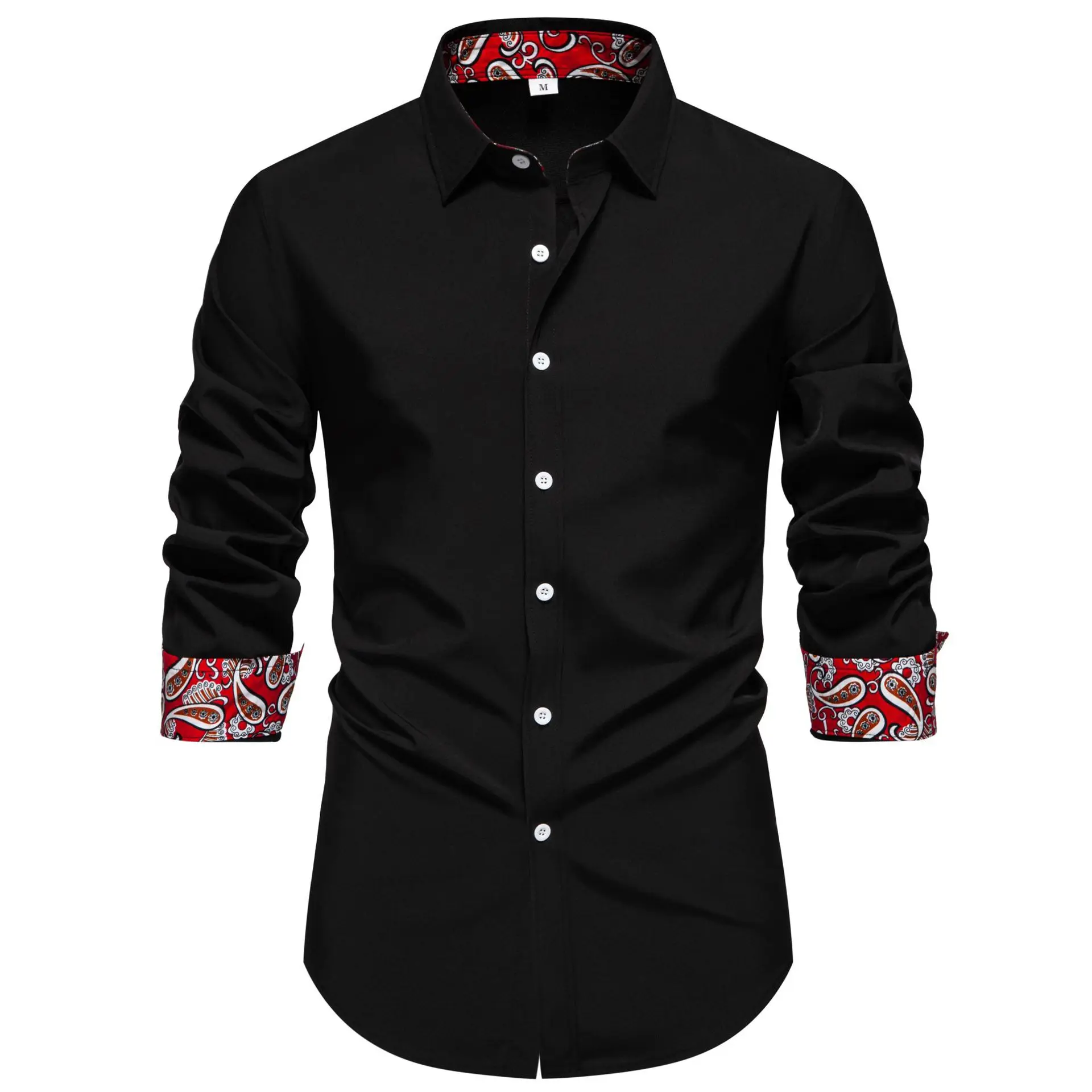

Men's Polyester Cotton Solid Black Shirts Long Sleeve Printing Patchwork Social Casual Dress Shirt Elegant Men Clothing