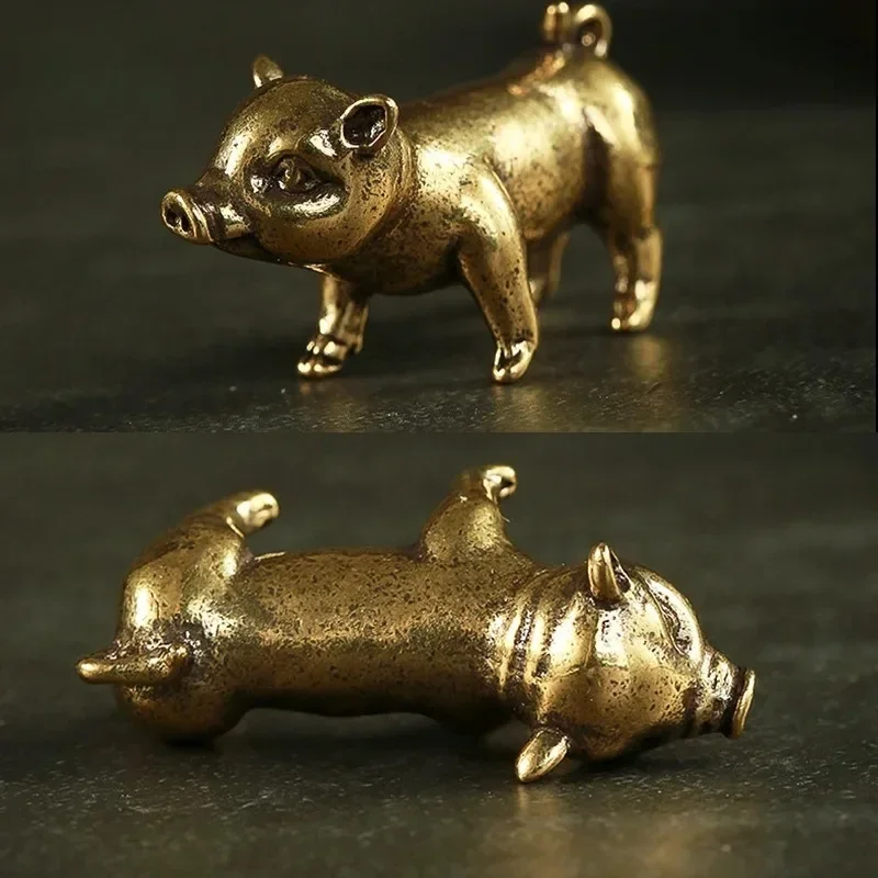 Retro Brass Handmade Pig Miniatures Figurines Desk Ornament Metal Copper Animal Model Toy Tea Pets Decoration Crafts Accessories