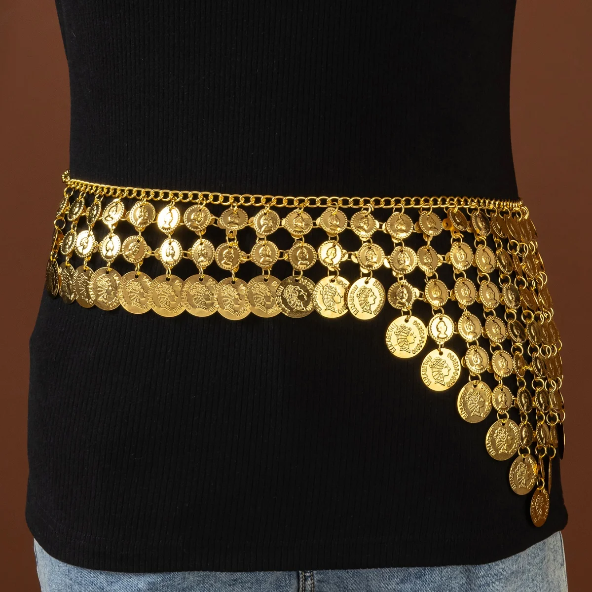 Cinturón de cintura con borlas y monedas para mujer, cadena de metal ajustable con monedas grabadas, para festivales boho, fiestas árabes y disfraces.