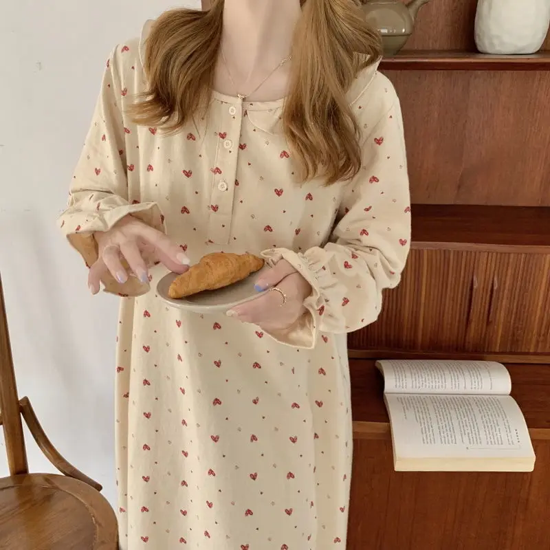 Long Nightgowns Women Sweet Flare Sleeve Ruffles Heart-printed Lovely Mid-calf Nightie Loose Sleepwear Gentle Students Comfort