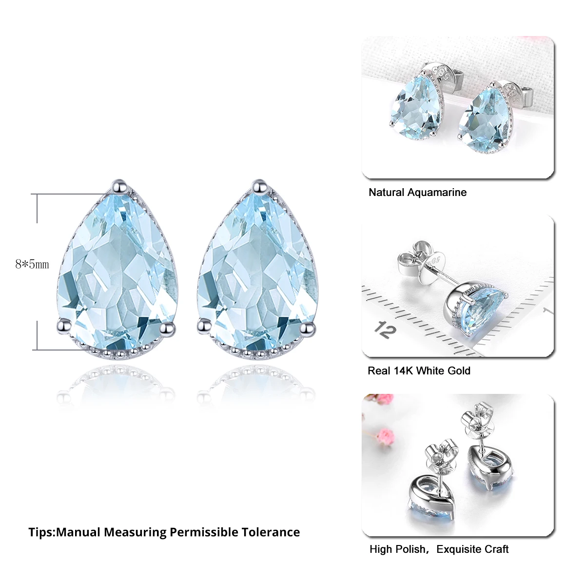 Lohaspie Natural Aquamarine Real 14K White Gold stud Earring 1.5 carats Genuine Gemstone Women classic Exquisite Fine jewelry