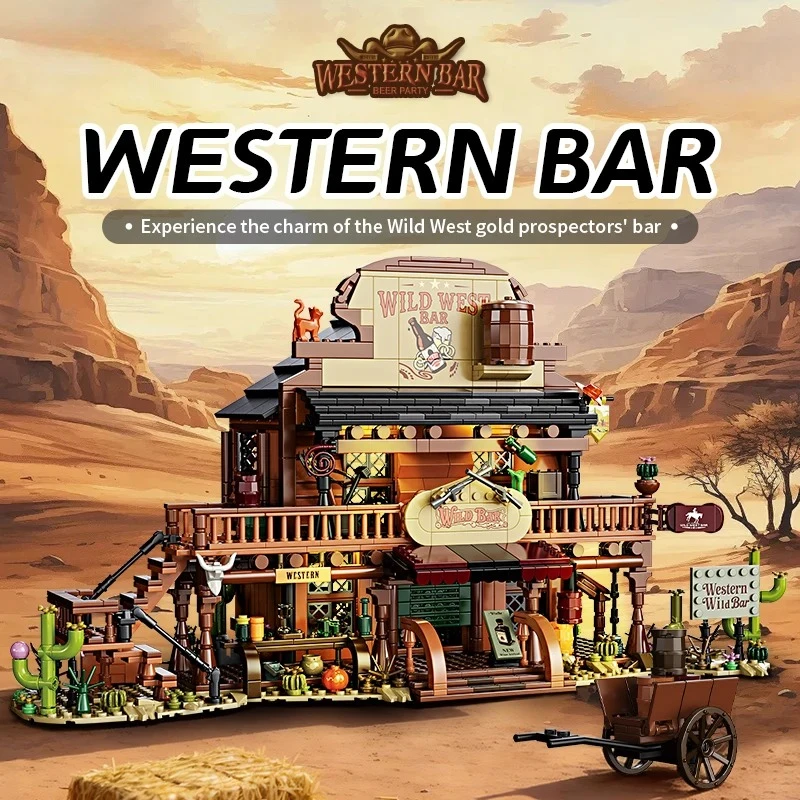 

1902PCS Creative Western Cowboy Bar Model Building Blocks With LED Light Rechargeable Architecture Construction Bricks Toy Gift