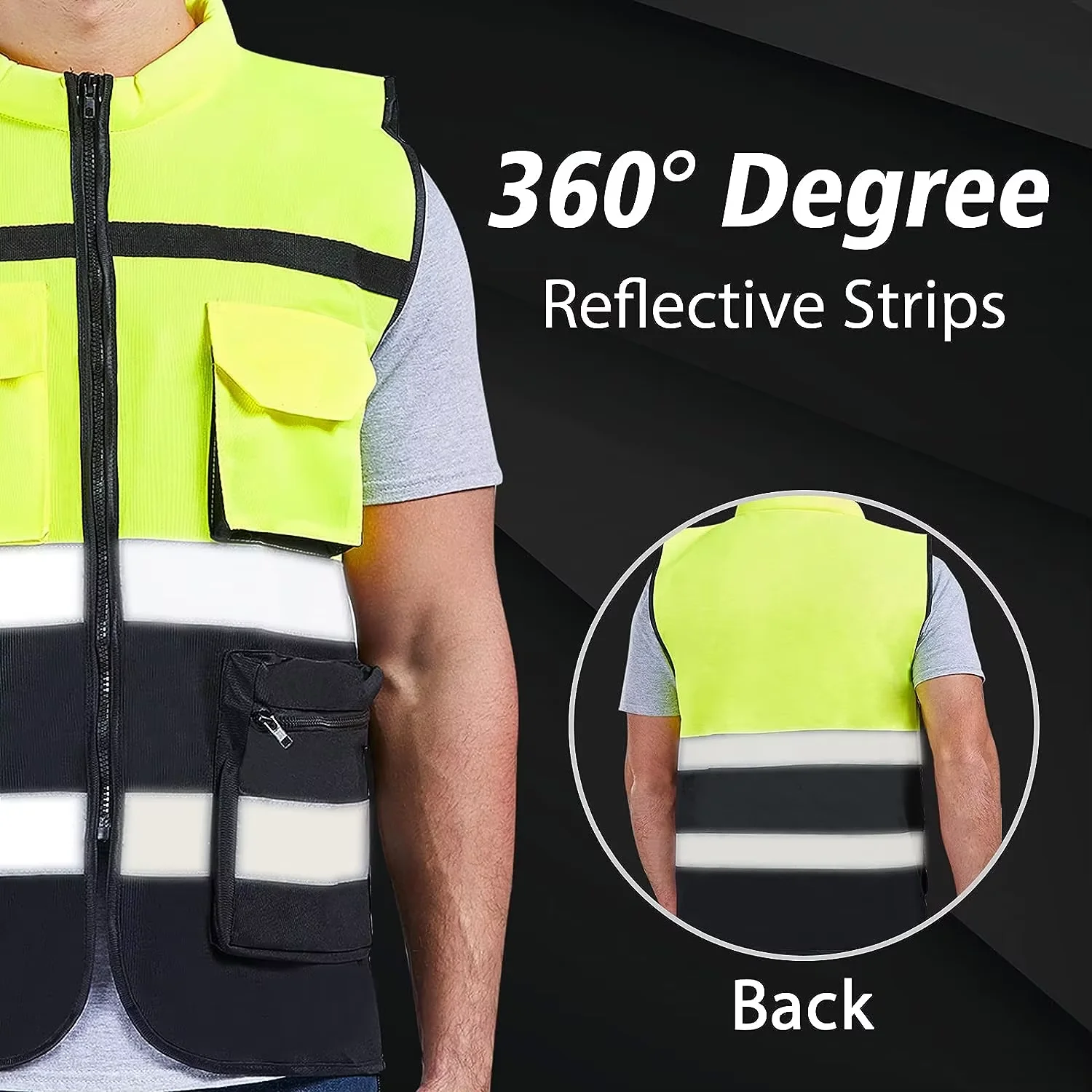 Safety Vest for Men, Work Vest with Pockets and Zipper, Construction Workwear