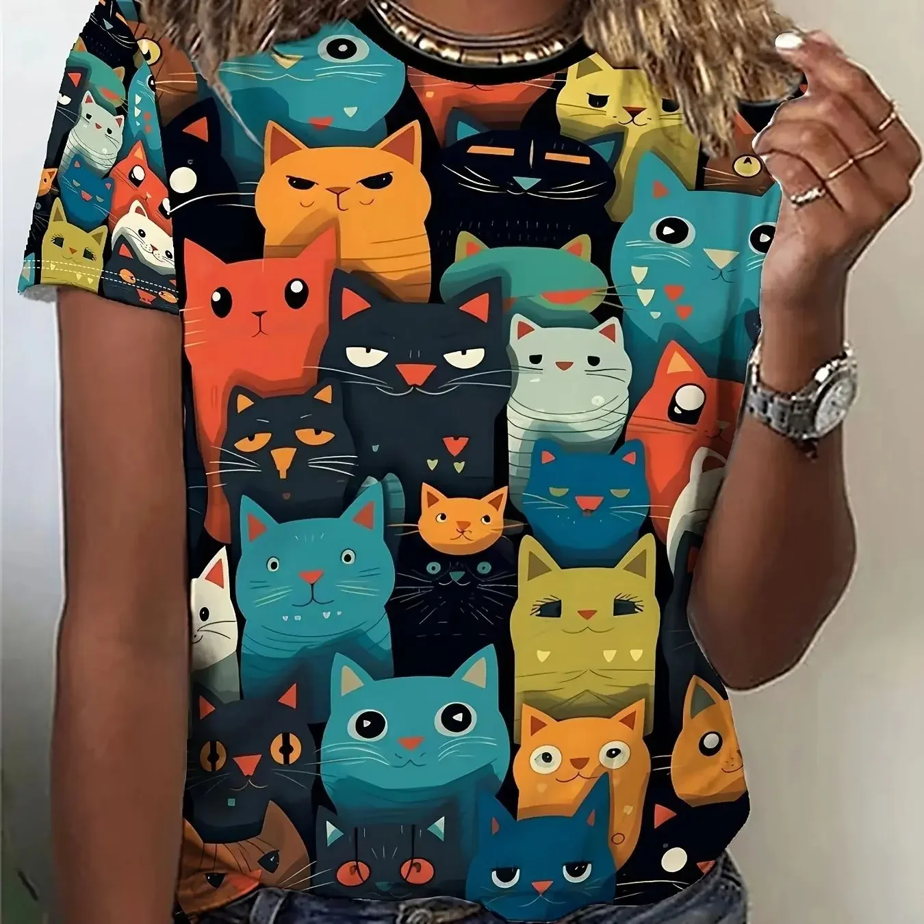 Cat Print Crew Collar T-shirt Cute Short Sleeve T-shirt Spring and Summer New Men's Short Sleeve Selling Short Sleeve Top