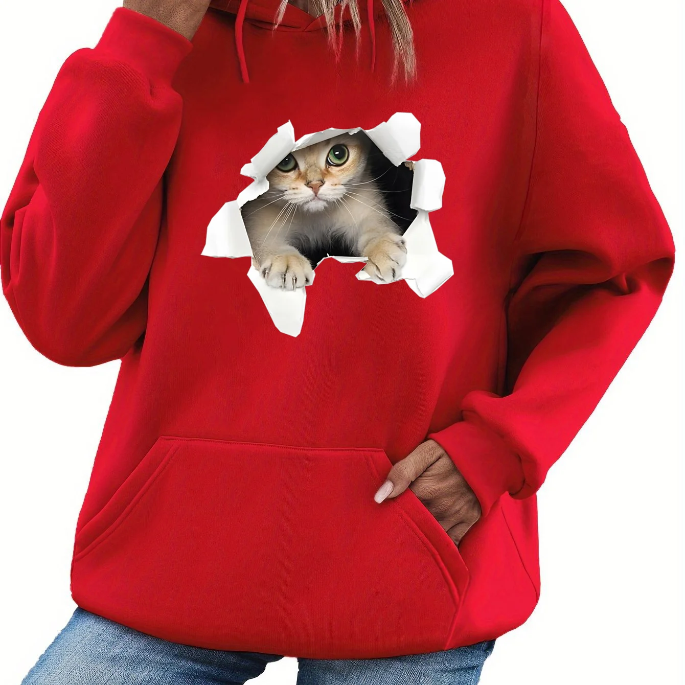 Women's autumn and winter warm and loose casual 3D cat pattern printed velvet long sleeved hooded sweatshirt