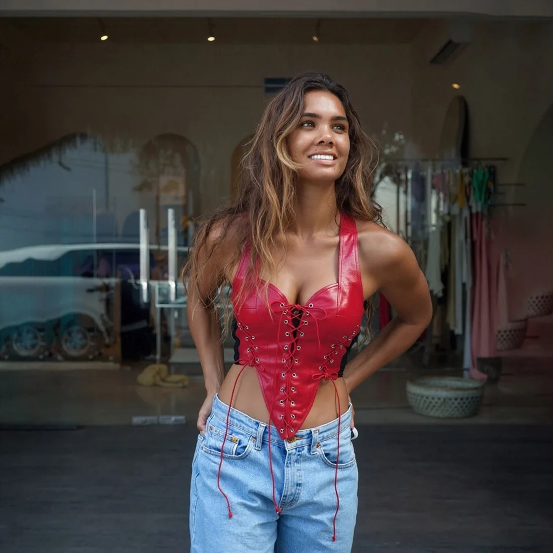 

Sexy Lace-up Tank Top Women Y2K 2025 Fall Irregular Leather Patchwork Skinny Hottie Midnight Clubwear Wild Basic Street Vest