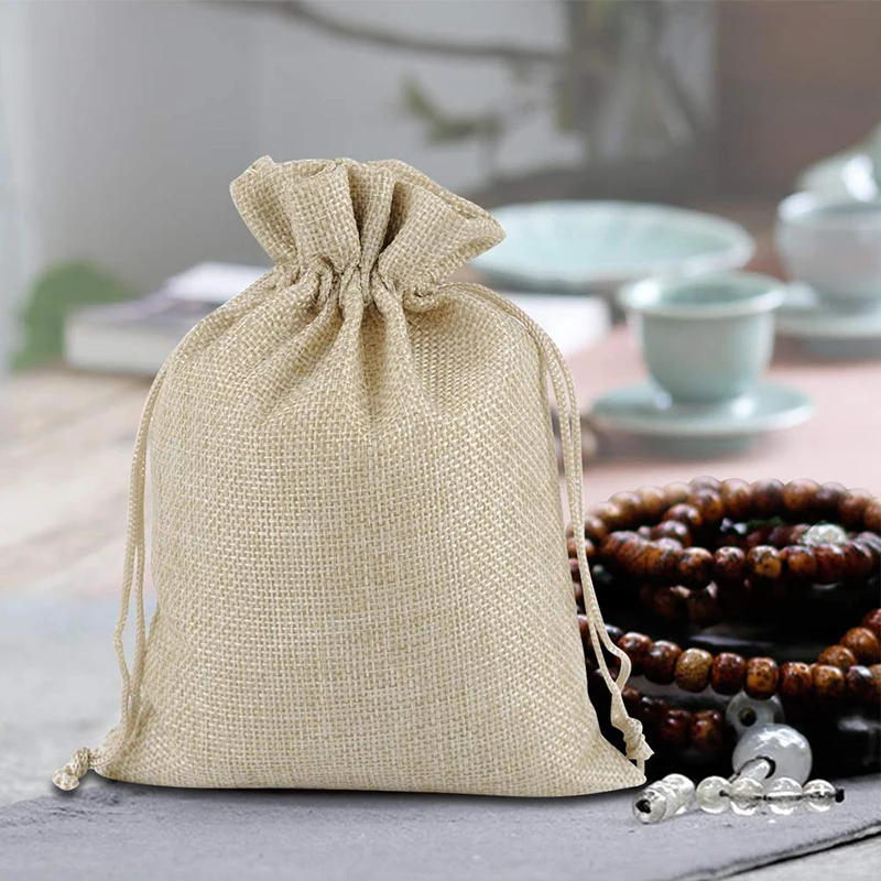 Sackleinen-Geschenktüten mit Kordelzug, Jutebeutel, Leinensäcke, Aufbewahrungsbeutel für Hochzeitsgeschenke, Party-Schmuckbeutel, 10 Stück – Detail 11