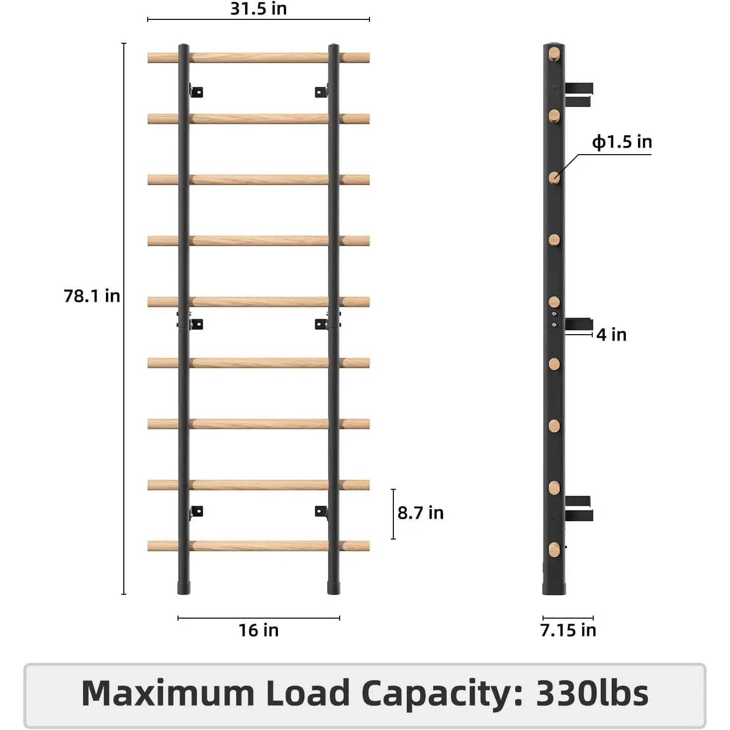 บาร์โหนไม้, บันไดสวีเดนสำหรับฝึกแขวนตัว พร้อมแท่ง 9 แท่งเพื่อการฝึกที่เป็นเชิงกลยุทธ์, สำหรับใช้ในบ้าน, โรงยิม, โรงเรียน และคลินิก, สีดำ