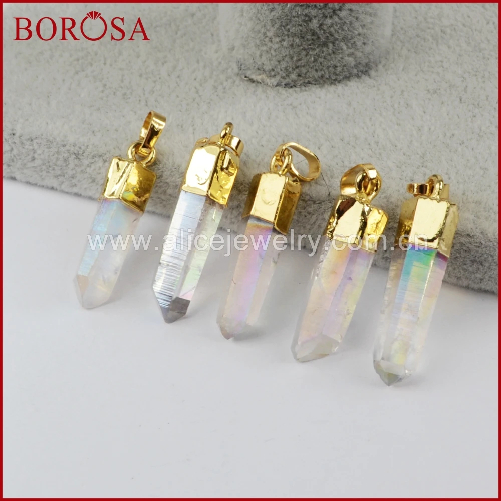 Gold/Silver Plated Aura Angel Quartz Titanium AB Crystal Point Faceted Pendant Beads for Necklace Jewelry G1395