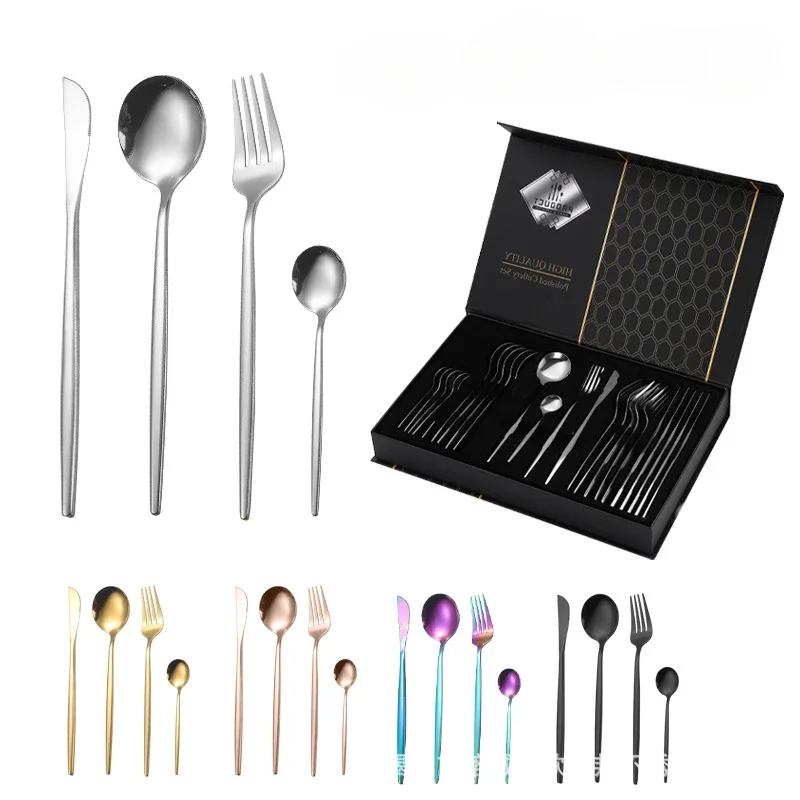 

24pcs Gold Dinnerware Set Stainless Steel Tableware Knife Fork Spoon Luxury Cutlery Set Gift Box Flatware Utensils For Kitchen