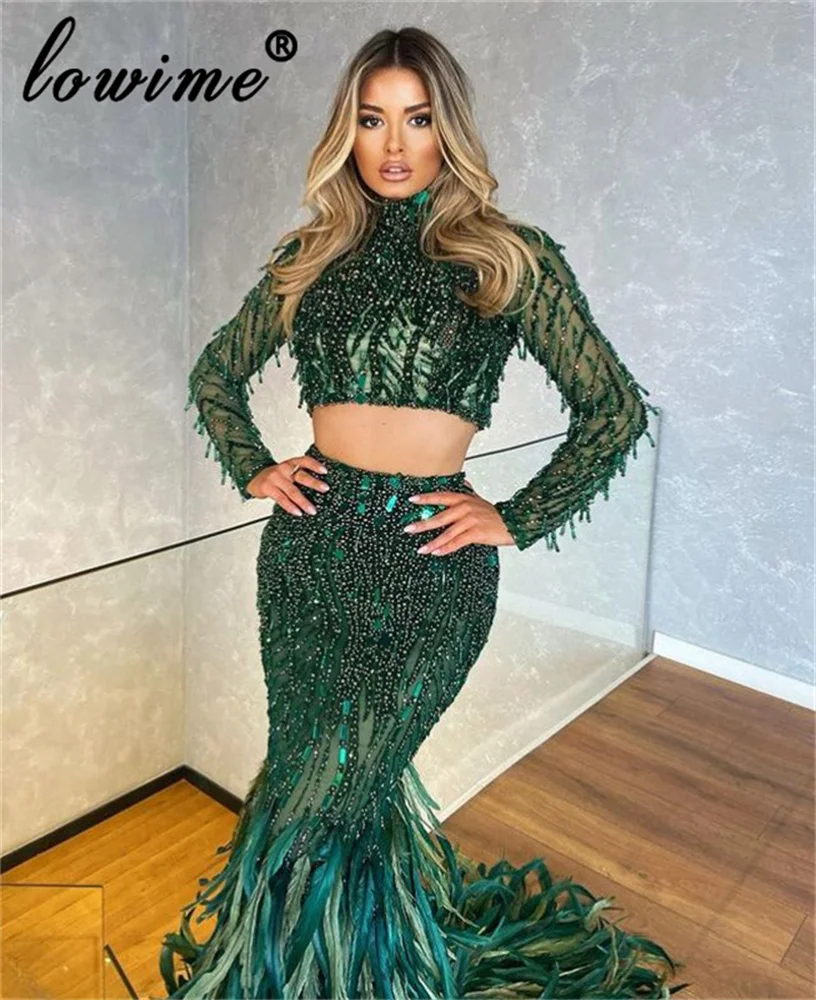 Two Pieces Green Beaded Evening Dresses Mermaid Elegant Long Sleeves Prom Dresses With Feathers Train Robes De Soirée Party Gown