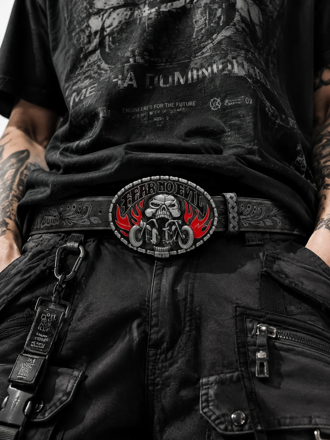 Skull Motorcycle Belt Double Buckle Vintage Western Carved Leather Belt Rider Style Embossed Alloy Buckle Statement Fashion Belt