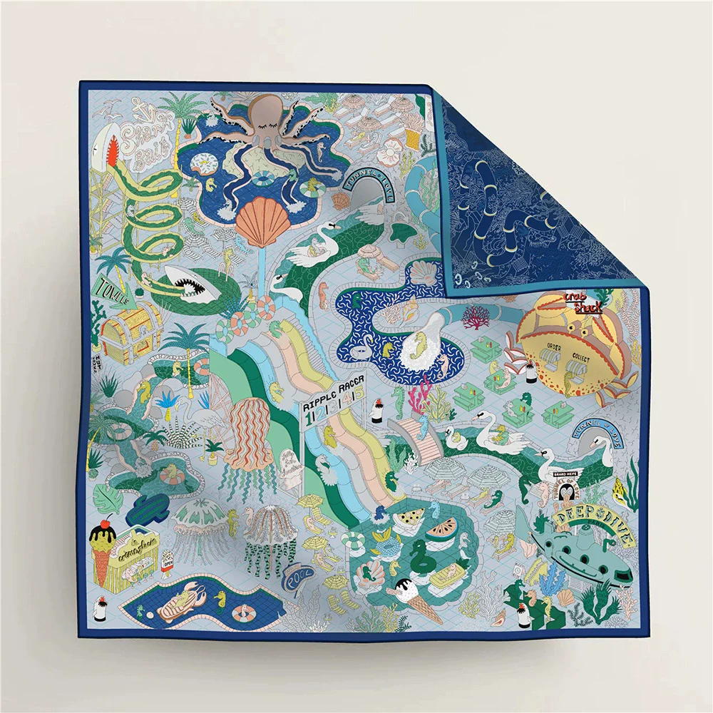 2025 New Double-Sided Color-Block Silk Scarf with Underwater Amusement Park Print Decorative Fashion Women's 90cm Square Scarf