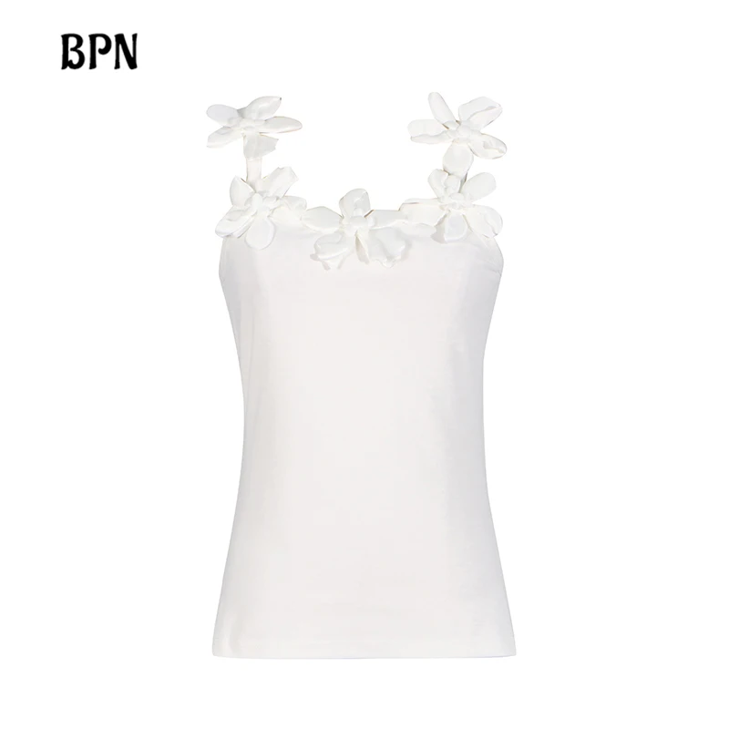 

BPN Solid Spliced Appliques Slimming Vests For Women Round Neck Sleeveless Casual Minimalist Tank Tops Female Fashion Style New