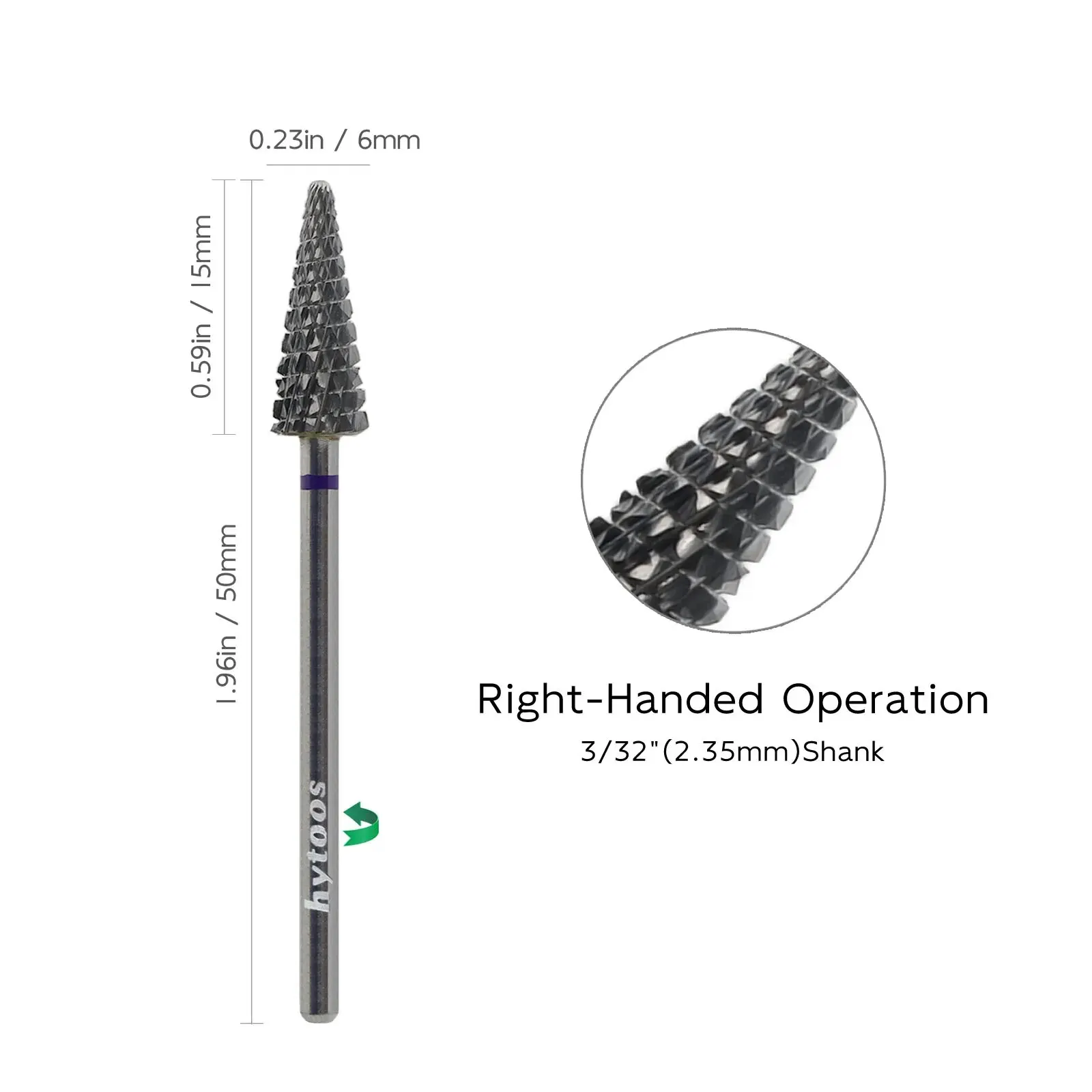 HYTOOS Cone Carbide Nail Drill Bits 3/32 Cross Cut Nail Bit for Righties Electric Drills Accessories Cuticle Gel Remover Tool