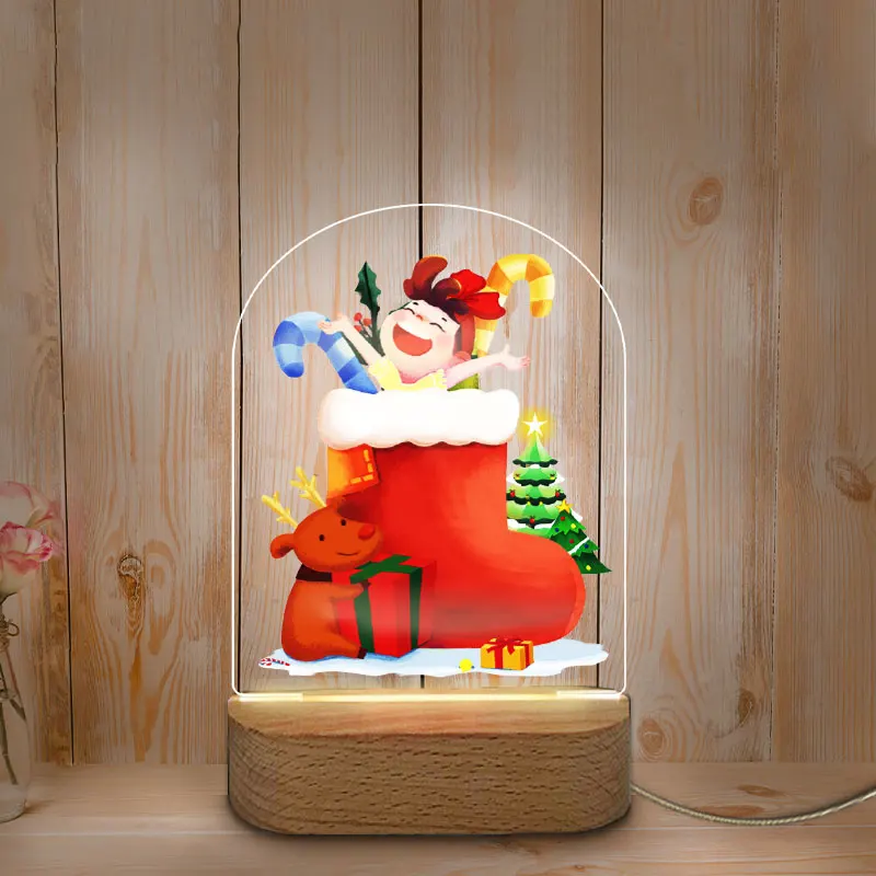 USB LED Night Lamp Personalized Color Printing Christmas Decoration Night Light for Home Baby Mother Room Wooden Base NightLight