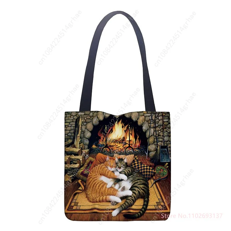 Oil Painting Cat Shopping Bag Eco Reusable Female Tote Bag College Handbag Retro Large Ladies Shoulder Shopper Bags