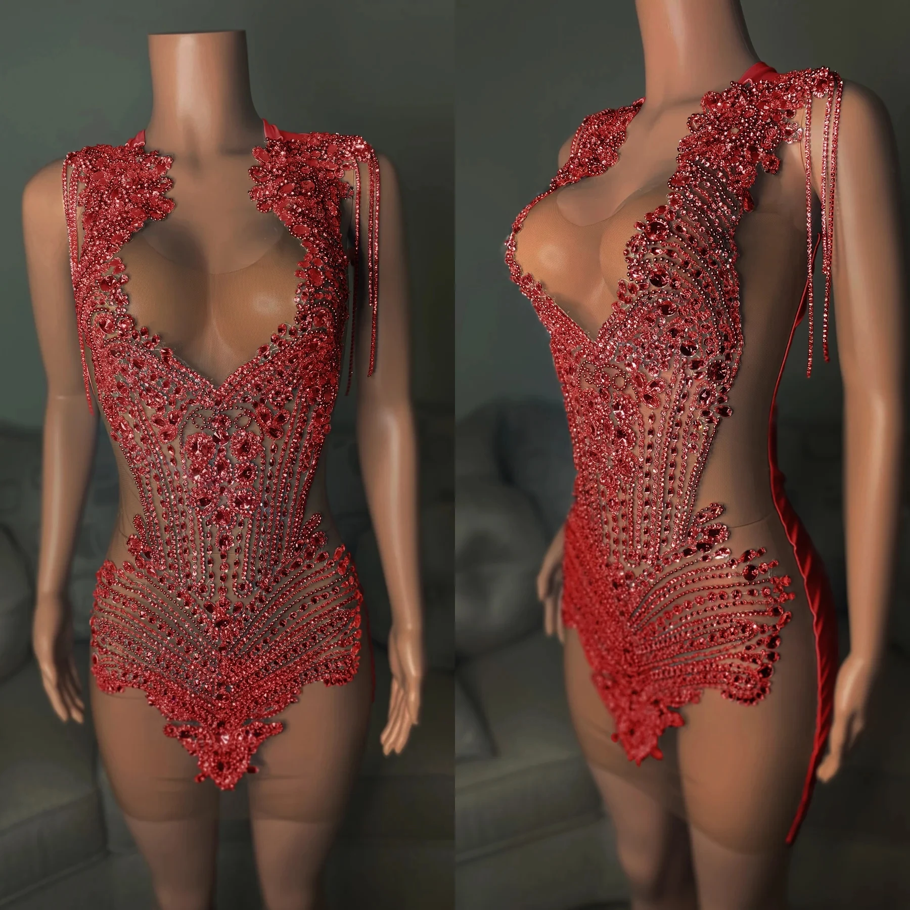 Vestidos cortos de fiesta de cumpleaños para niñas negras, Mini vestidos de cóctel africanos con cuentas, diamantes transparentes rojos, Sexy, regreso a casa