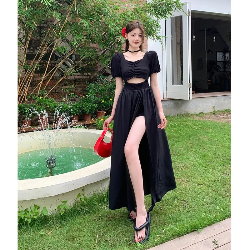 

YUQI Black Puff Sleeve Square Collar Women Dress 2024 Summer Sexy Slim Side Split Long Dresses Female Elegant Bodycon Maxi Dress