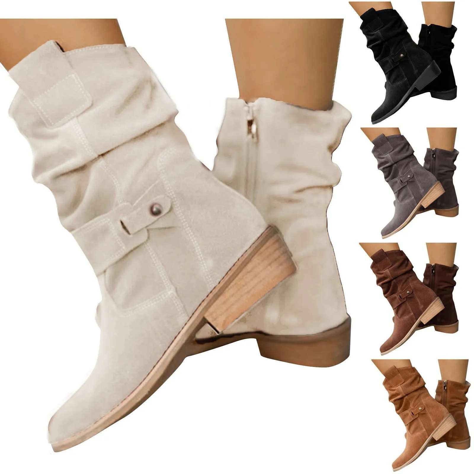 Women Ankle Boots Winter Fashion Low Heel Suede Female Shoes Classic Brown Black Lightweight Soft Comfortable Plataforma Mujer