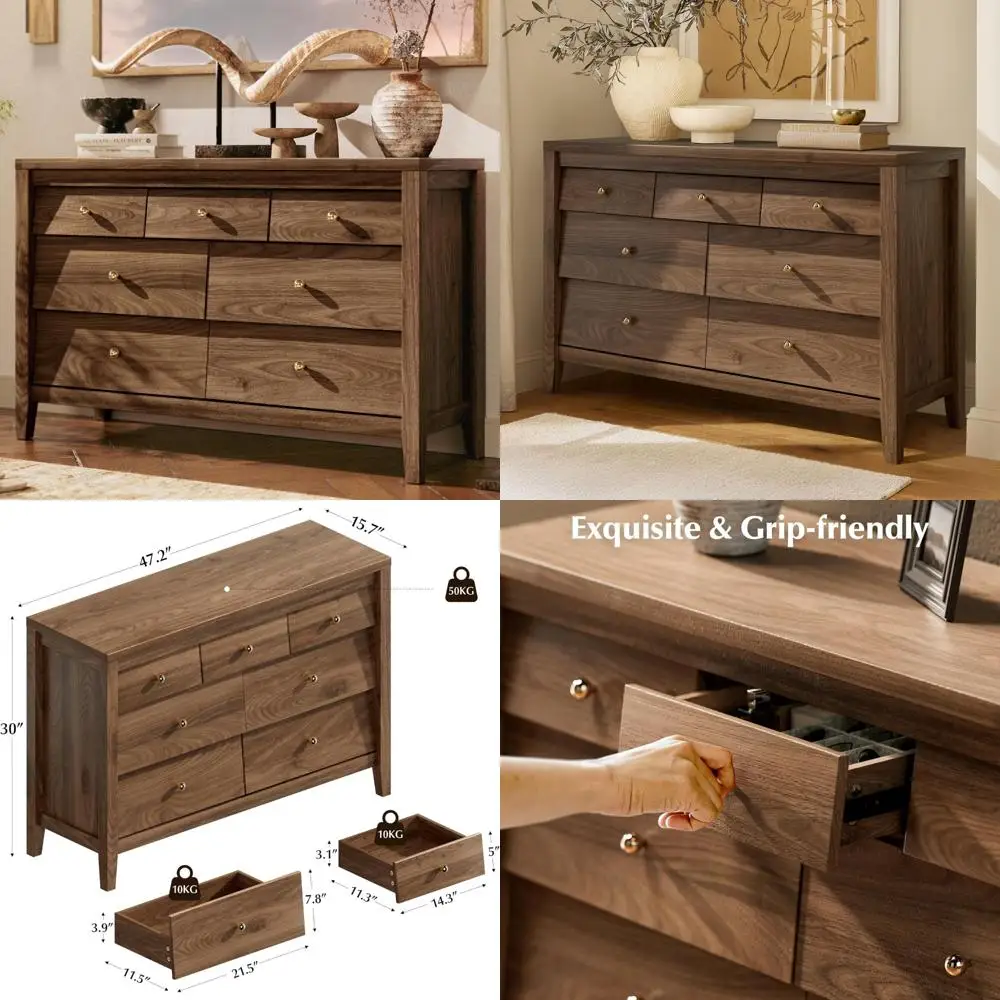 Farmhouse-Style 7-Drawer Wood Dresser with Beveled Panel for Bedroom and TV Stand Storage