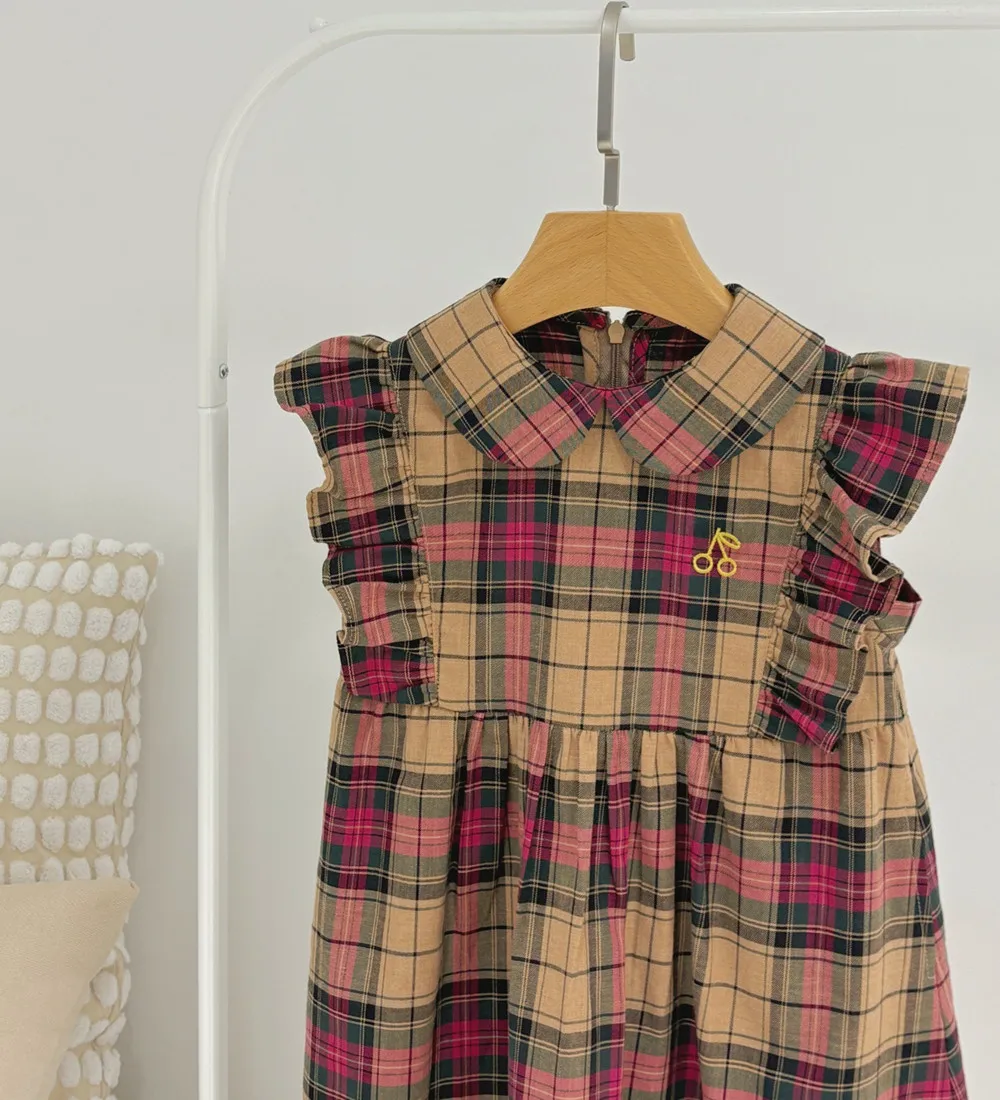 Summer girls' dress Flying sleeve checkered dress Scottish checkered cherry dress cotton baby girl clothes baby dresses