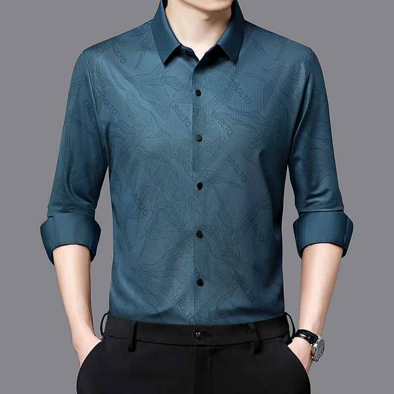 Polyester&Spandex Print Shirts For Men Long Sleeve Seamless Silky Summer Quality Soft Comfortable Icy Cool Premium Chemise Homme