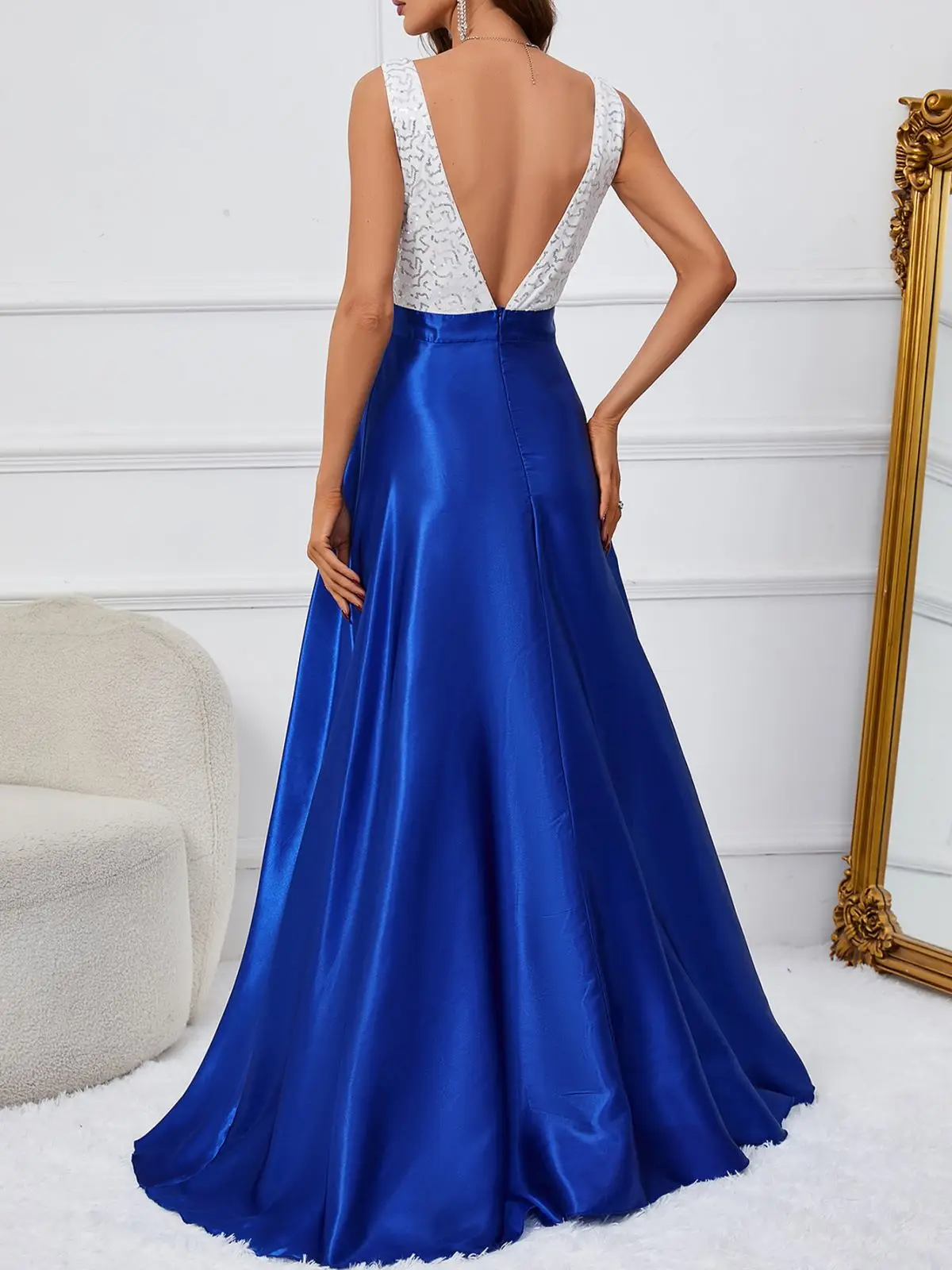 Elegant Women Squins Floor Length Evening Dresses Sexy Deep V Neck Prom Dresses Luxury Patchwork Plus Size Party Robe De Soiree