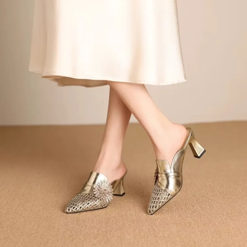

Summer Women's Dress Shoes 2026 New Patent Leather Slip on Pointed Toe Sandals Buckle Slingbacks Mid Heels Pumps Sandalias Mujer