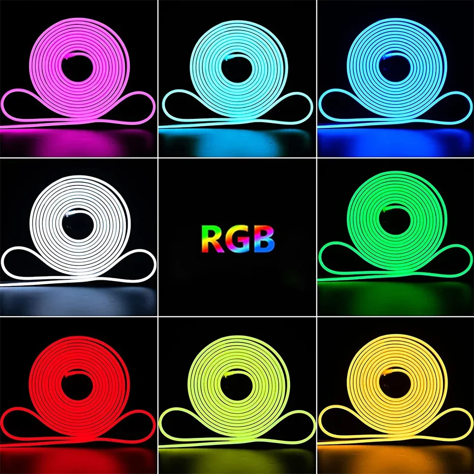 RGB LED Neon Strip Rope Lights, Decoração de fita flexível impermeável para iluminação doméstica, DC 12V, 5050 Neon Sign, 1m a 10m, 120Leds por m