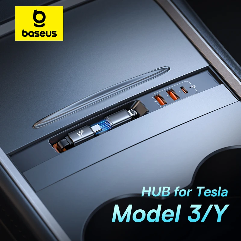 Baseus Hub for Tesla Model 3/Y Docking Station PD 45W Fast Charger Car Intelligent Adapter Powered Splitter Extension Shunt Hub