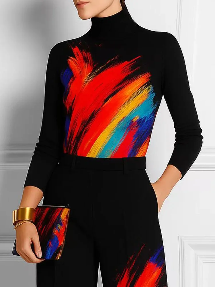 

Yeezzi Women's Trendy Multicolored Printed High Neck Tops 2025 New Long Sleeves Loose Fit Spring Autumn Black T-Shirts