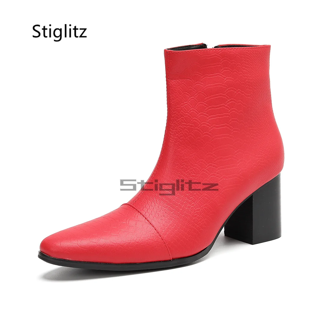

Red High Heels Ankle Boots for Men British Stylish Pointed Toe Genuine Leather Boots Autumn Winter Business Party Wedding Shoes