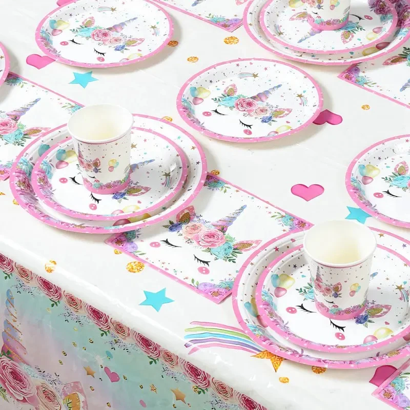 Unicorn Themed Disposable Tableware Unicorn Birthday Decor Paper Plates Unicorn Birthday Party Supplies Kids Girl Baby Shower