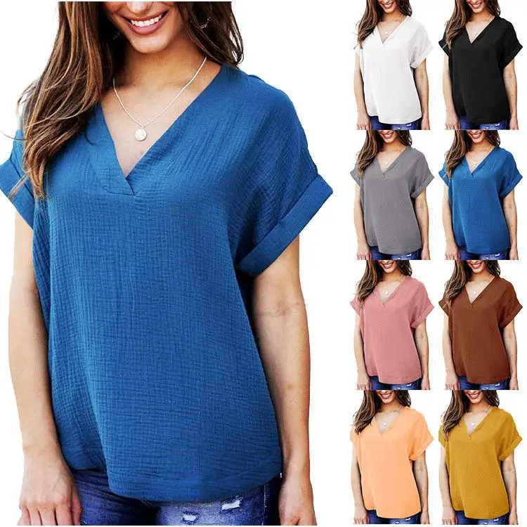 

Women's ort Collar irt Top Cotton Casual Loose Fit ort Sve Color Faionable And Comfortable Spring Summer Top