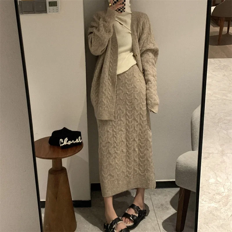 Loungewear Women Skirt Sets Autumn Winter Korean Long Sleeve Sweater Jacket Skirt Set Temperament Cardigan Knitted Dress Suits