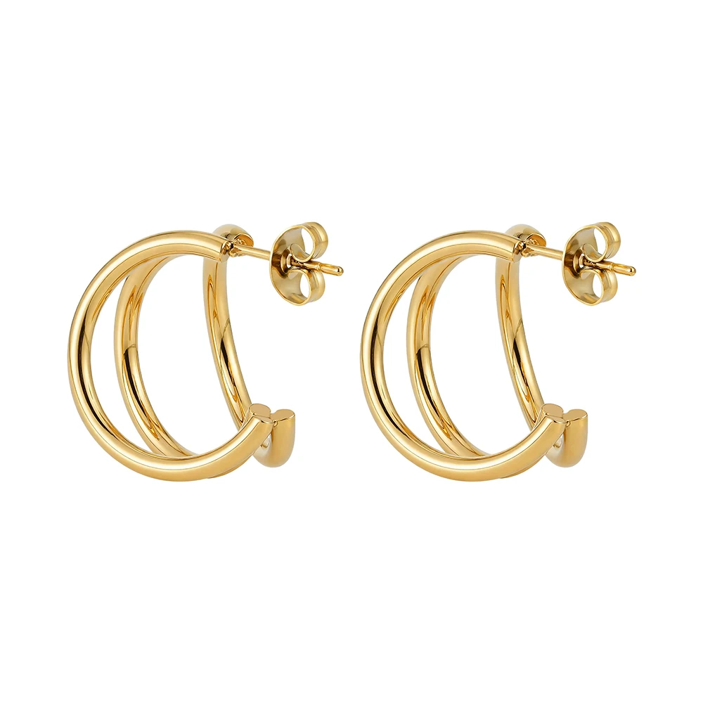 FINE4U Brincos de Argola Dupla em Formato de "C" Banhados a Ouro 18K, Brincos de Argola Aberta de Camada Dupla em Aço Inoxidável, Brincos Minimalistas Estilo Huggie para Mulheres