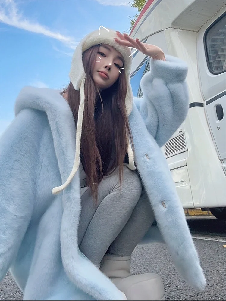 Morbido e soffice vestibilità ampia con cappuccio dimagrante caldo pelliccia sintetica azzurro anti-età cappello ecologico Jaet cappotto invernale