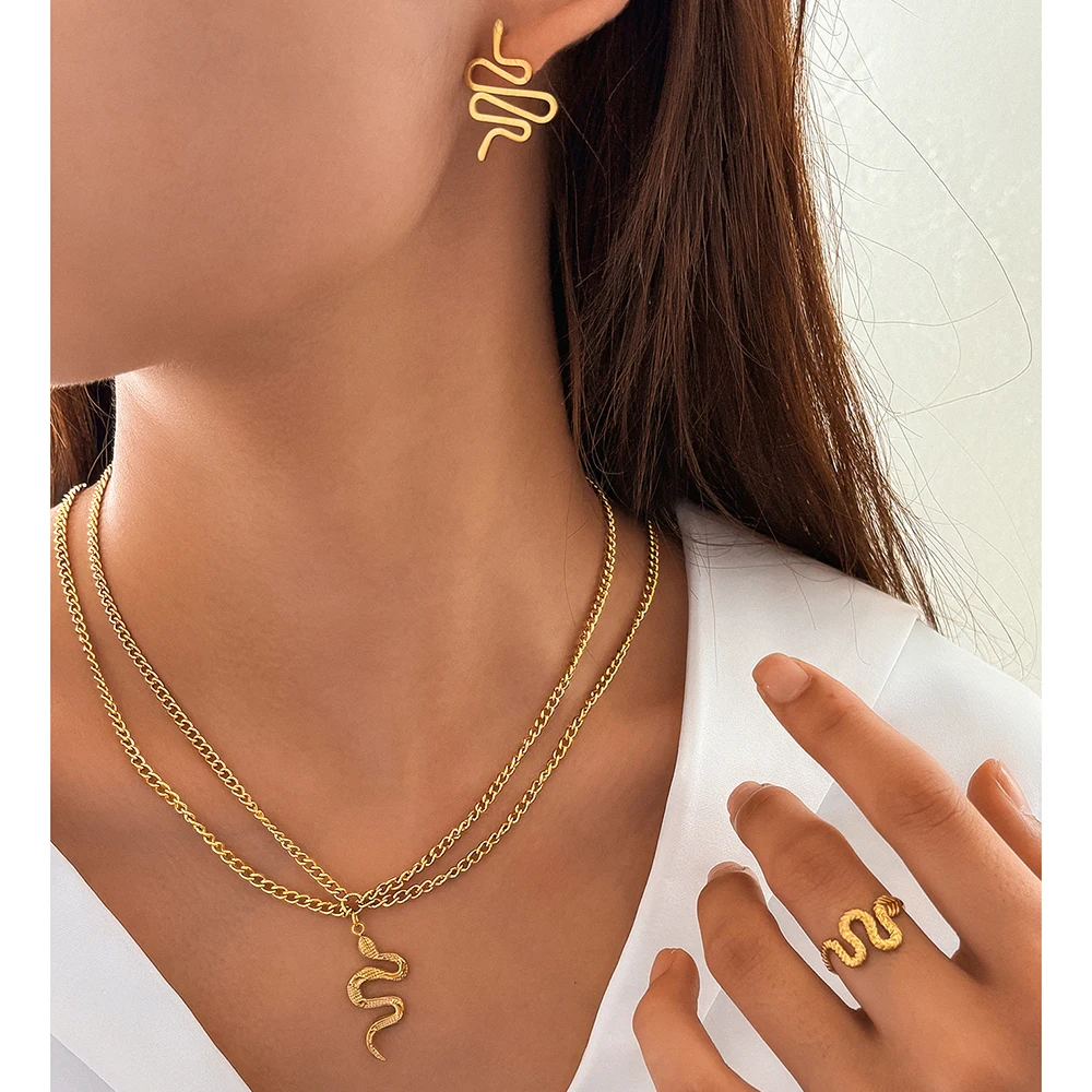 Stainless Steel Jewelry Set Fashionable Atmosphere Snake Earrings Snake Necklace Snake Ring Jewelry Set For Women Jewelry Gifts