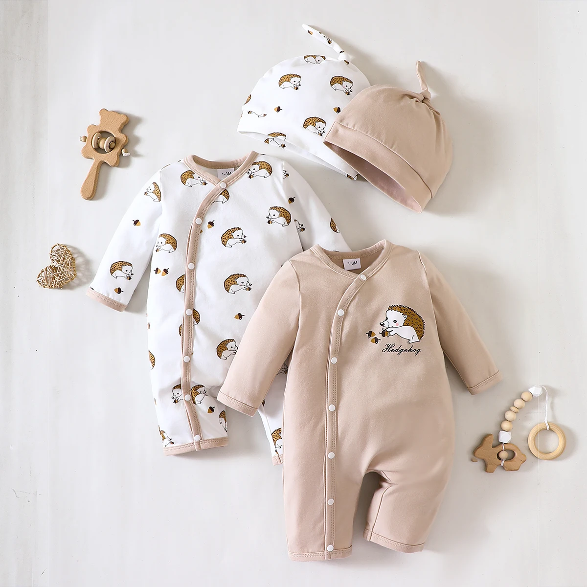 4PCS Autumn Winter Boys Girls Jumpsuit With Hat Round Neck Long Sleeved Cardigan Button Up Hedgehog Pants Baby Clothes