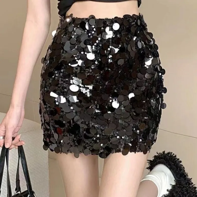Sequin Mini Skirt Elastic Waist Glitter Skirt with Safety Shorts Women Sparkle Metallic Bodycon Skirt Sexy Club Party Wear